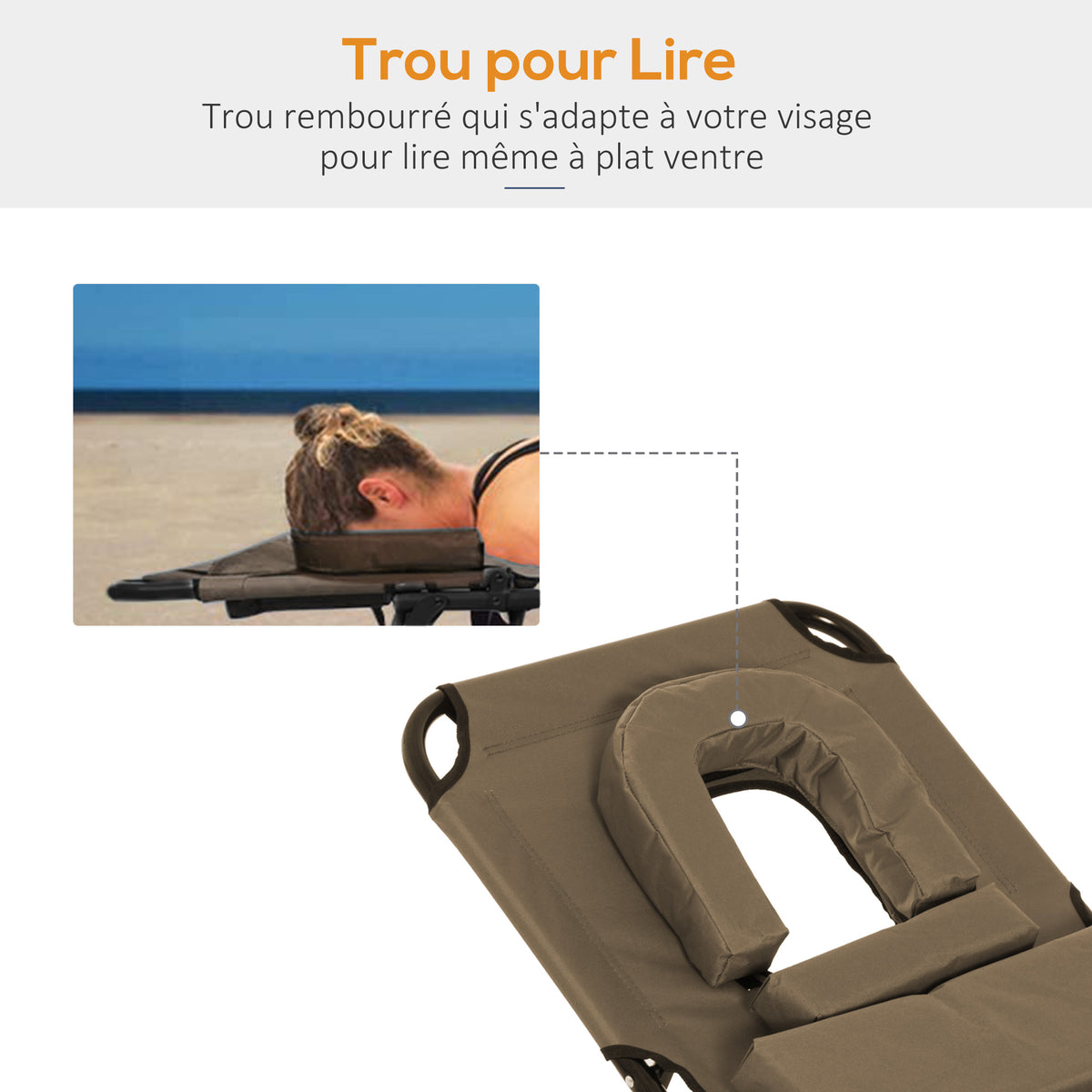 Transat de Jardin Chaise Longue Pliante Bain de Soleil avec Appuie-tête, Trou de lecture et Dossier Inclinable, Marron