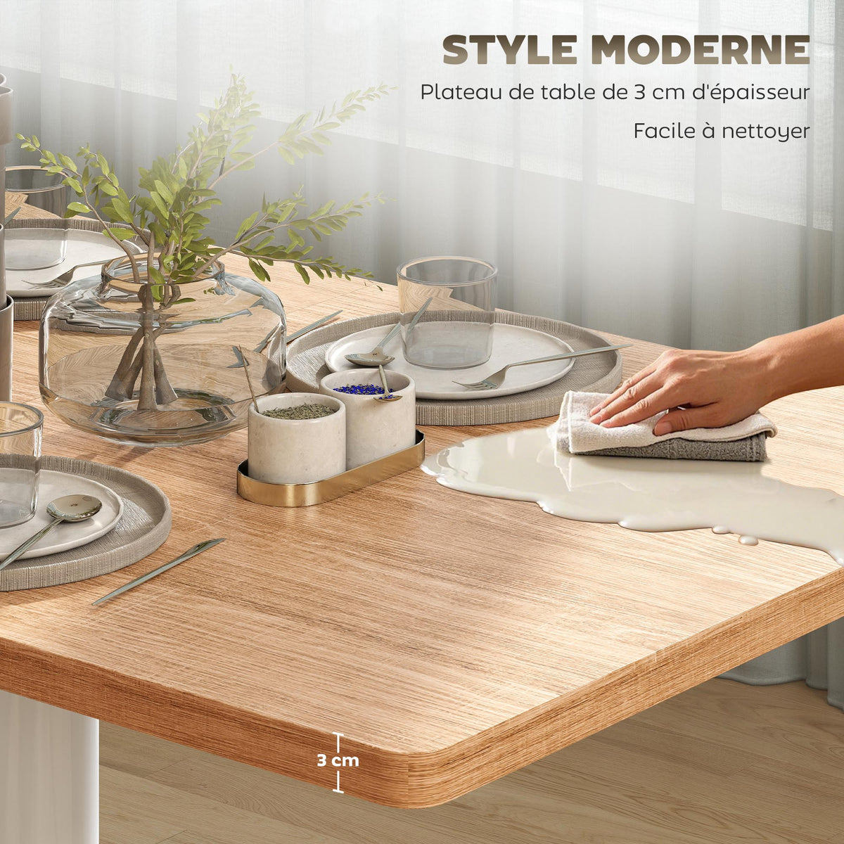Table à manger rectangulaire pour 6 personnes, 120 x 70 x 75 cm, table de cuisine piétement et plateau épais chêne blanc