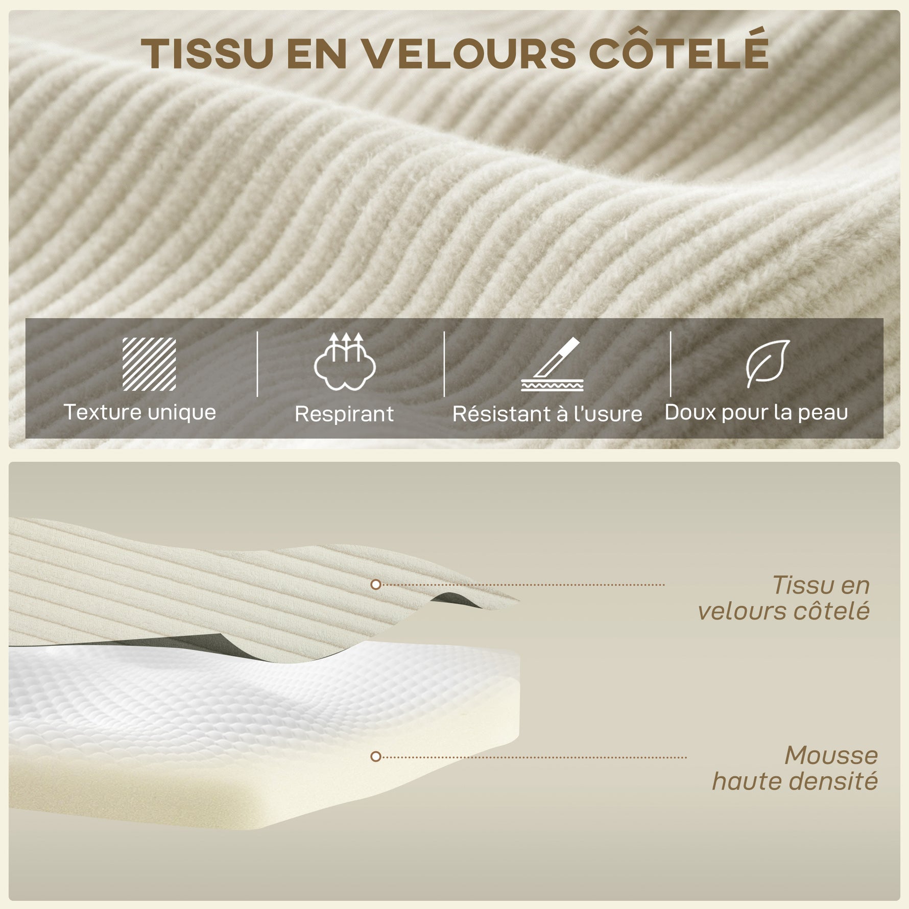 Canapé d'angle modulable 2 en 1, 267cm, canapé-lit 3 places en velours côtelé, larges assise et accoudoirs, crème