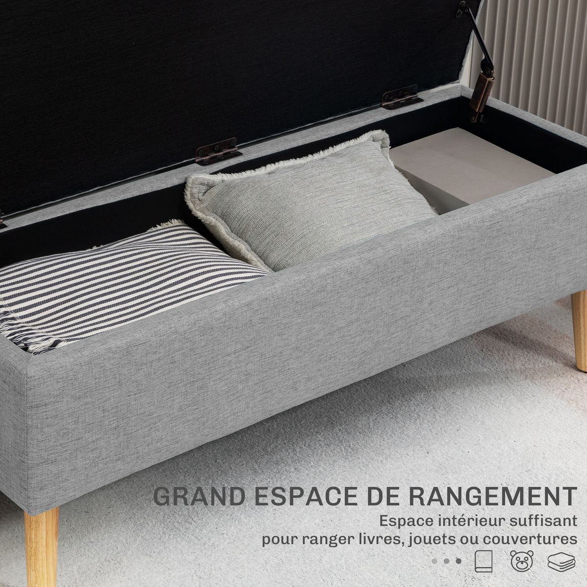Banc coffre rangement rembourré aspect lin pour chambre à coucher, entrée, salon, charge 220 Kg, 110 x 39 x 45 cm, gris