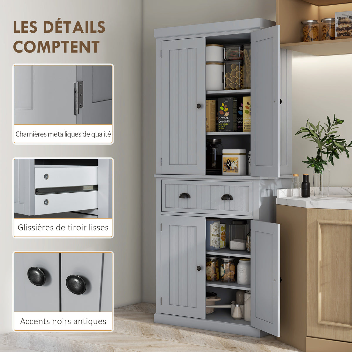 Armoire de cuisine buffet cuisine multi-rangements étagères réglables 4 portes grand tiroir 76,2 x 40,2 x 183 cm gris