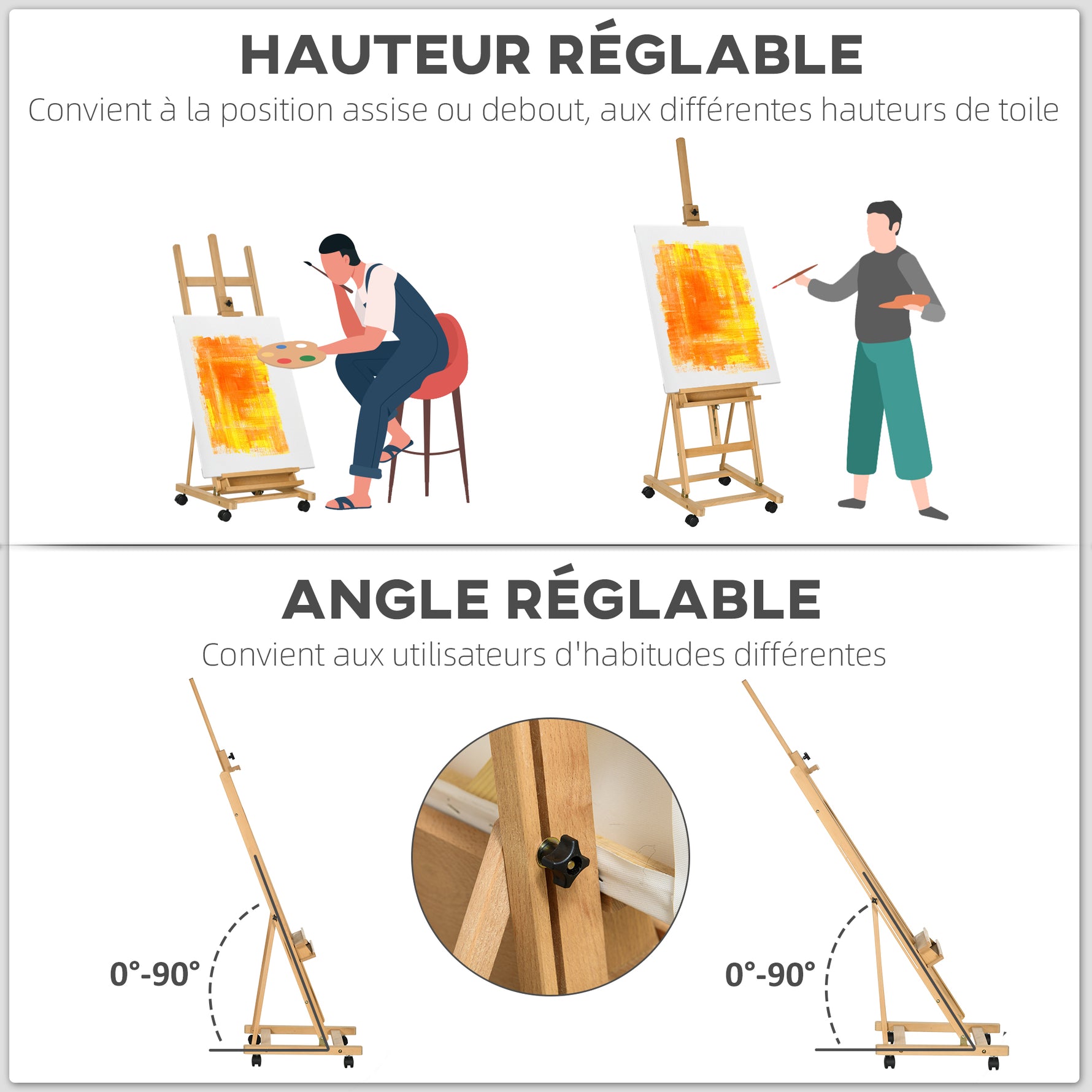 Chevalet d'artiste sur roulettes pliable en bois de hêtre pour toiles à peindre jusqu'à 118 cm bois naturel