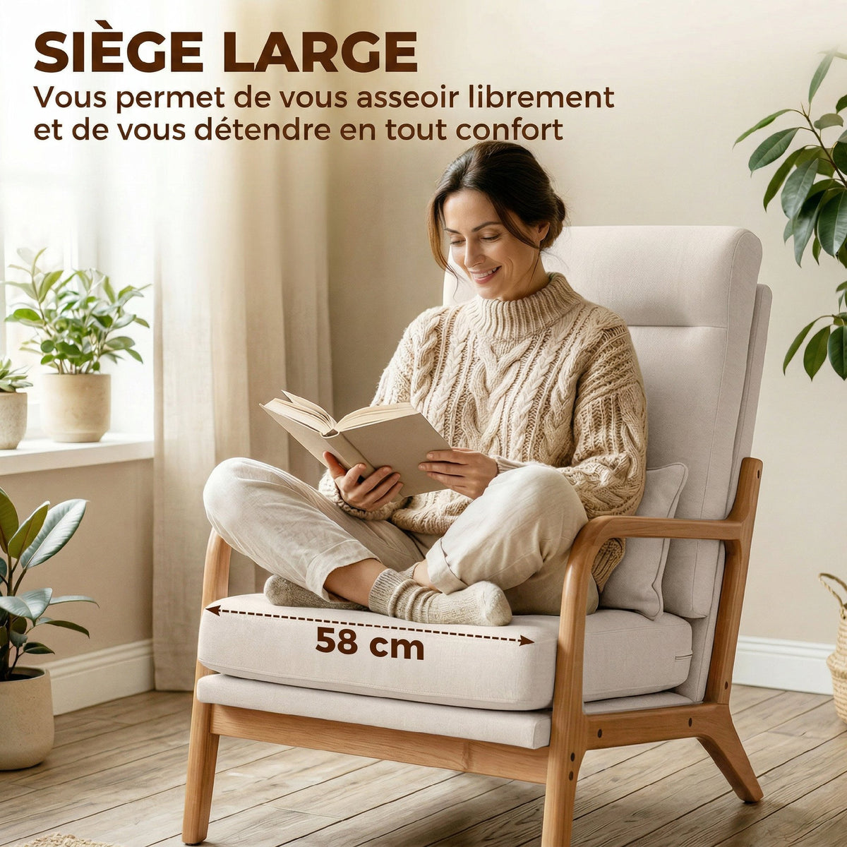 Fauteuil salon, fauteuil d'appoint rembourré en lin avec large assise, support lombaire, haut dossier, 64x86x93cm, crème