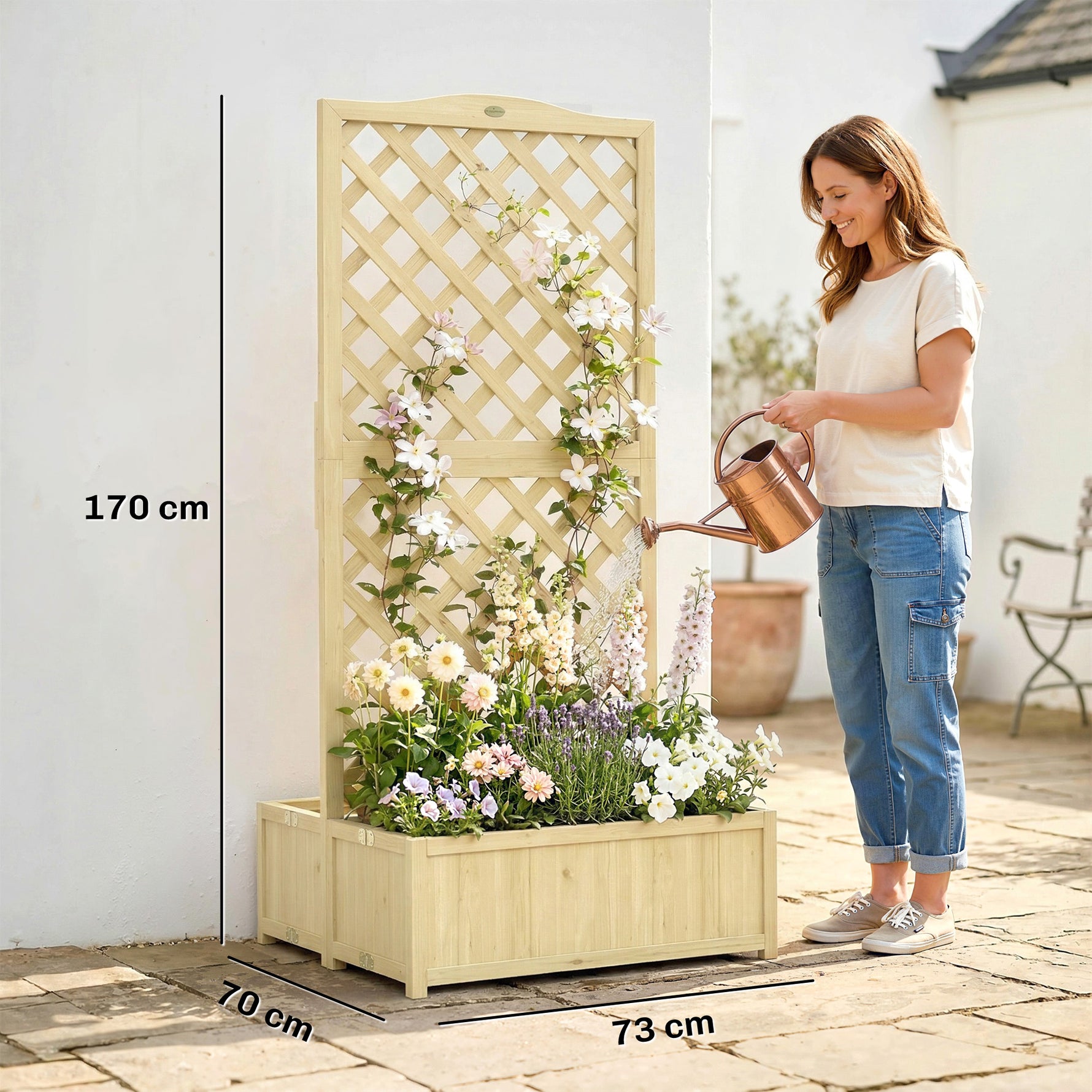 Jardinière avec Treillis Carré Potager Bois Pliable Double Bac à Fleurs pour Plantes Grimpantes 73 x 70 x 170 cm Naturel
