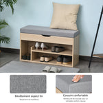 Scarpiera a panca con 2 ripiani, vano a giorno + contenitore integrato con cuscino beige grigio