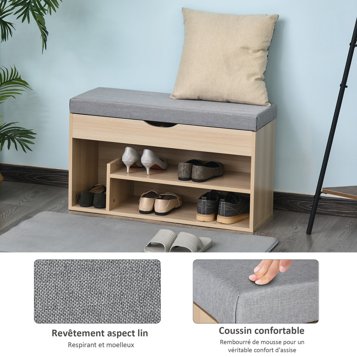 Scarpiera a panca con 2 ripiani, vano a giorno + contenitore integrato con cuscino beige grigio