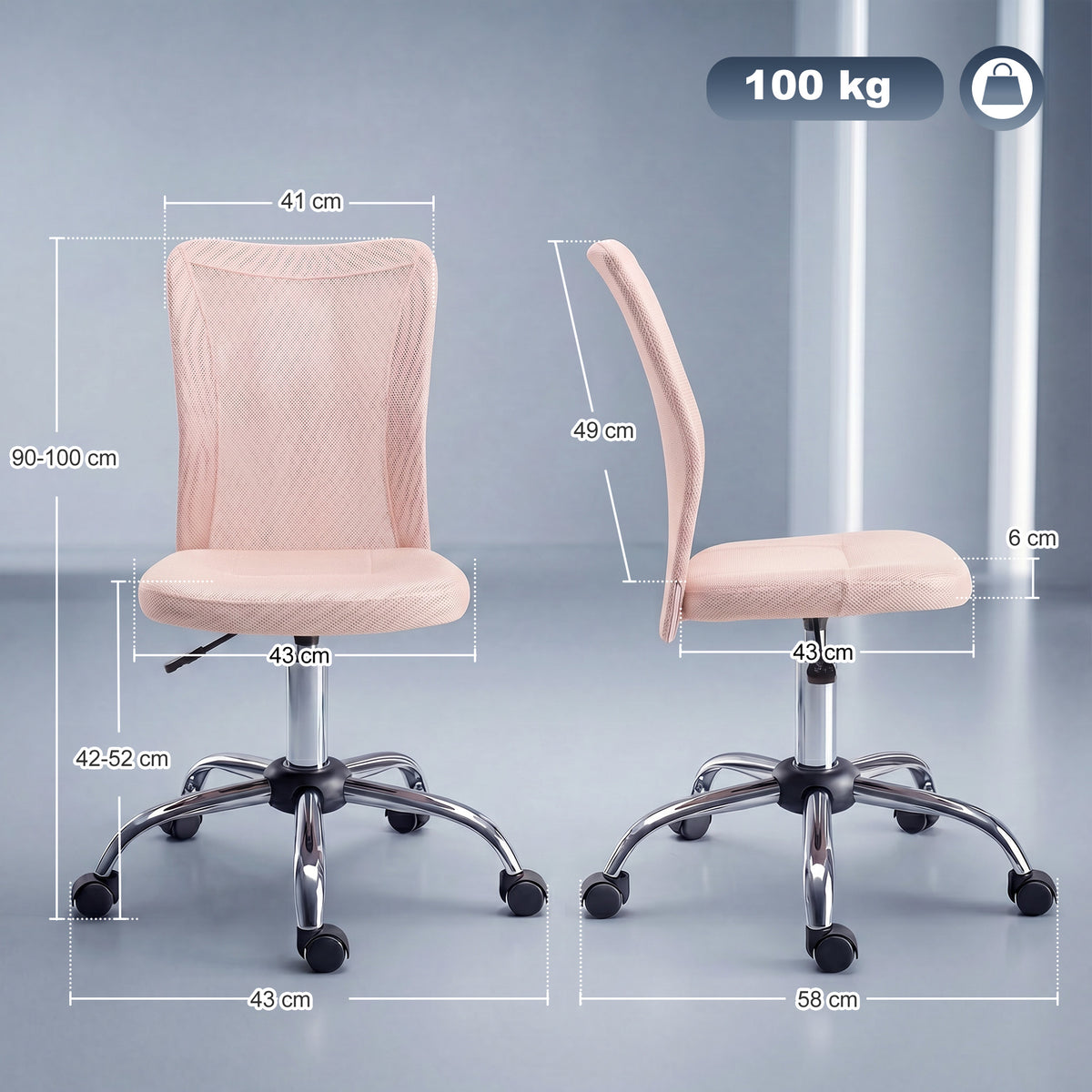 Chaise de bureau ergonomique hauteur réglable piètement chromé pivotant 360° revêtement maille rose