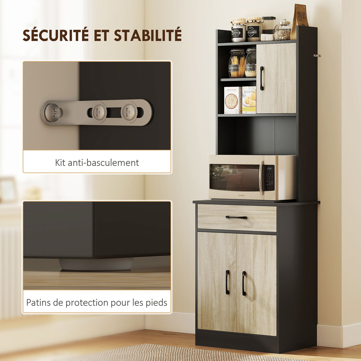 Buffet haut cuisine, armoire de cuisine, tiroir, 3 portes, étagères ouvertes, plan de travail, 60x40x180cm, bois naturel