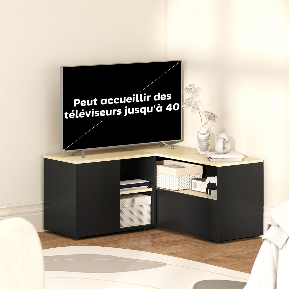 Corner TV stand, television bench for up to 40 inches with 2 cabinets and 3 compartments, 90 x 90 x 45 cm, oak and black