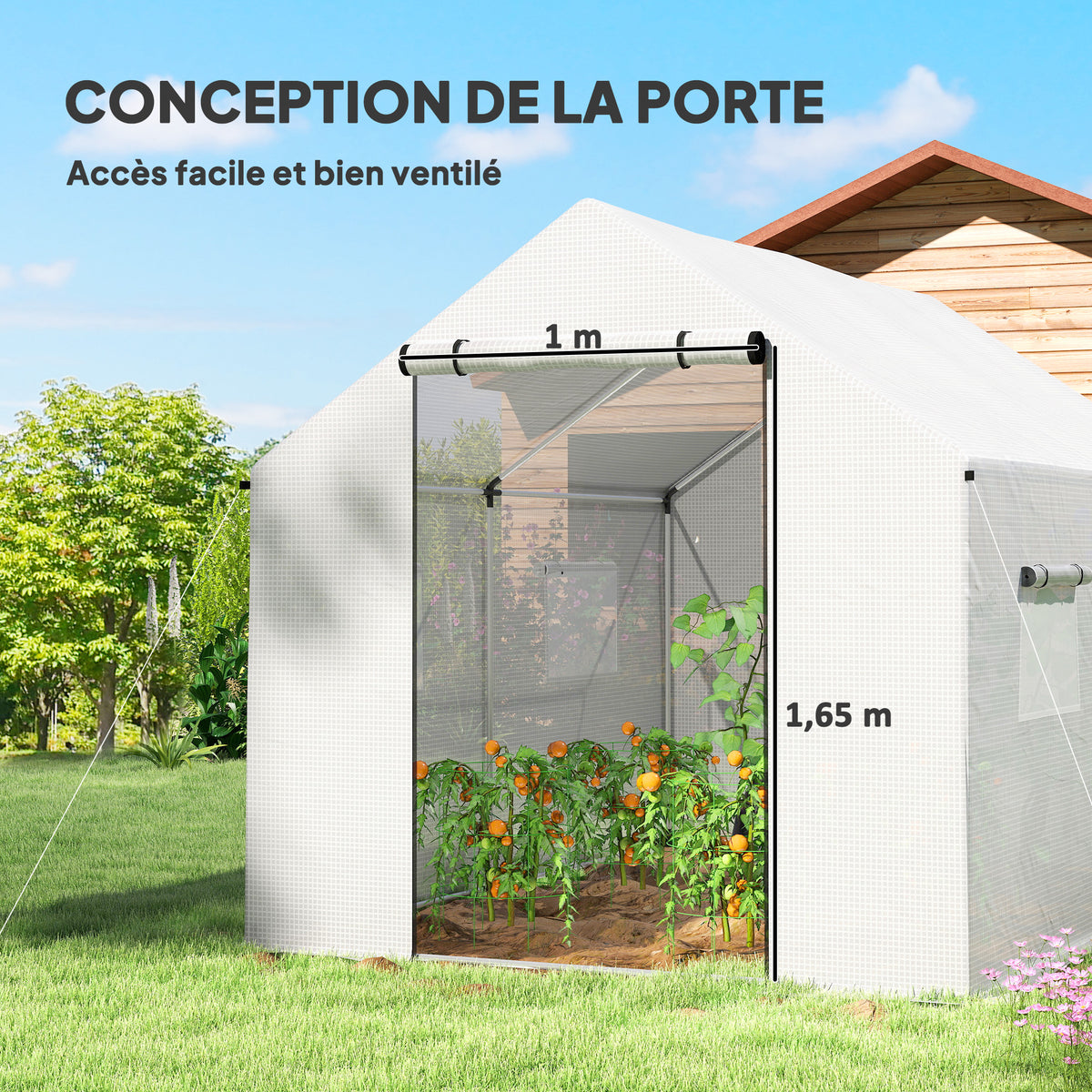 Invernadero de jardín tipo túnel 2 x 3 m, 6 m² con puerta enrollable, 4 ventanas, - Acero galvanizado PE Alta densidad Blanco