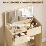 Schreibtisch-Schminktisch 2-in-1 mit klappbarem Spiegel und Hocker, Schminktisch mit Schublade und 6 Fächern, Eiche