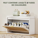 Banc à chaussures, banc de rangement, assise rembourrée, tiroir rabattable, porte en rotin, 80 x 26 x 47,5 cm, blanc