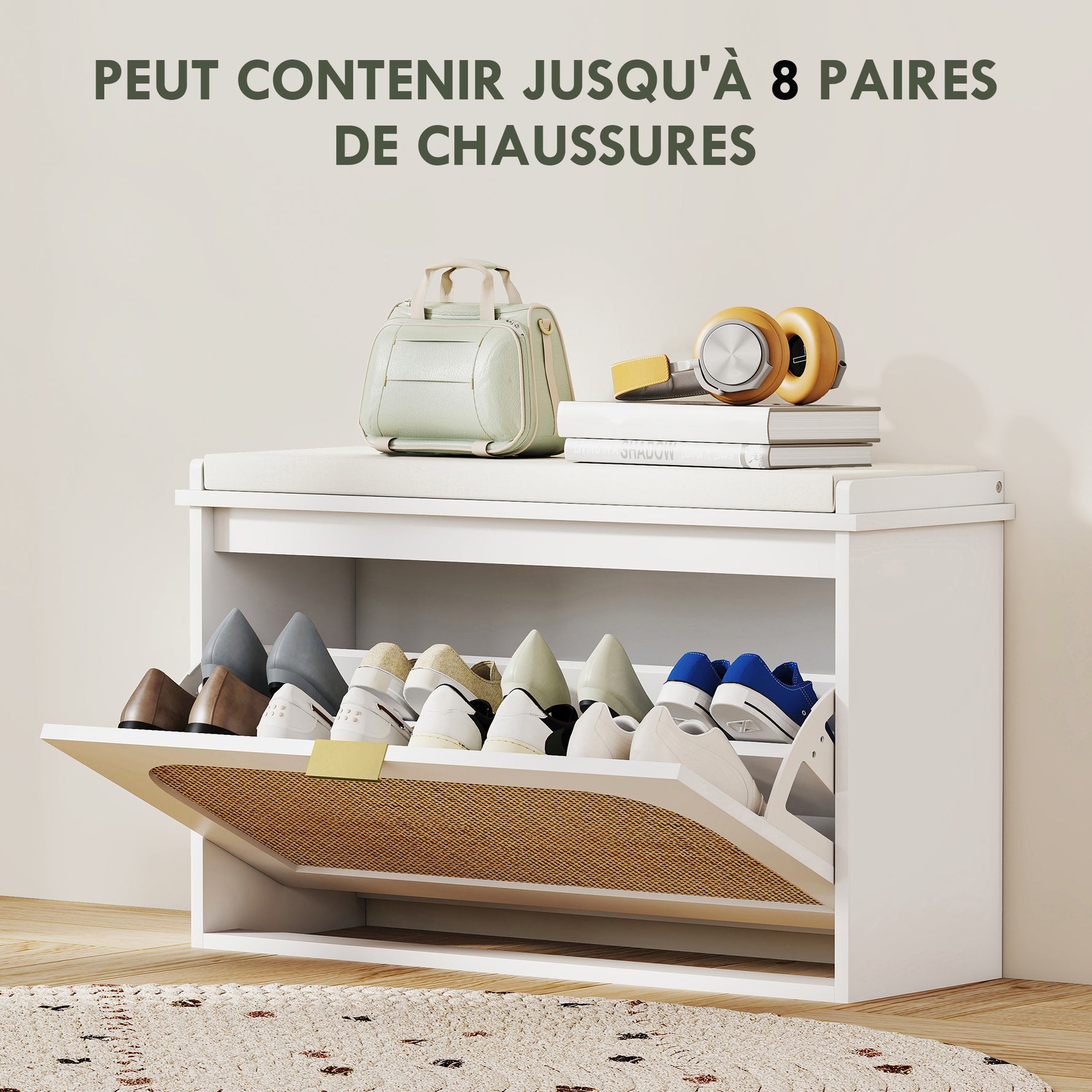 Banc à chaussures, banc de rangement, assise rembourrée, tiroir rabattable, porte en rotin, 80 x 26 x 47,5 cm, blanc