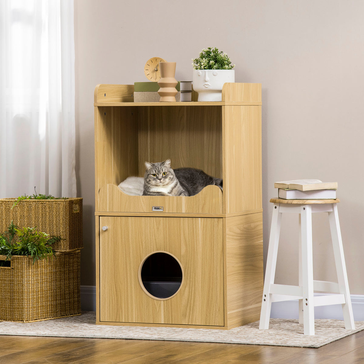 Mobile toilette per gatti, mobile lettiera per gatti a 3 livelli, scomparto chiuso da un'anta, 1 cuscino, 60 x 45 x 103 cm