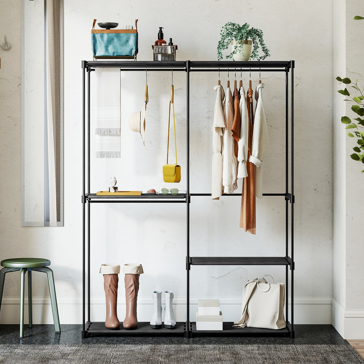 Armoire de rangement, penderie portable avec 3 barres de suspension et 4 étagères, 142 x 43 x 185 cm, noir