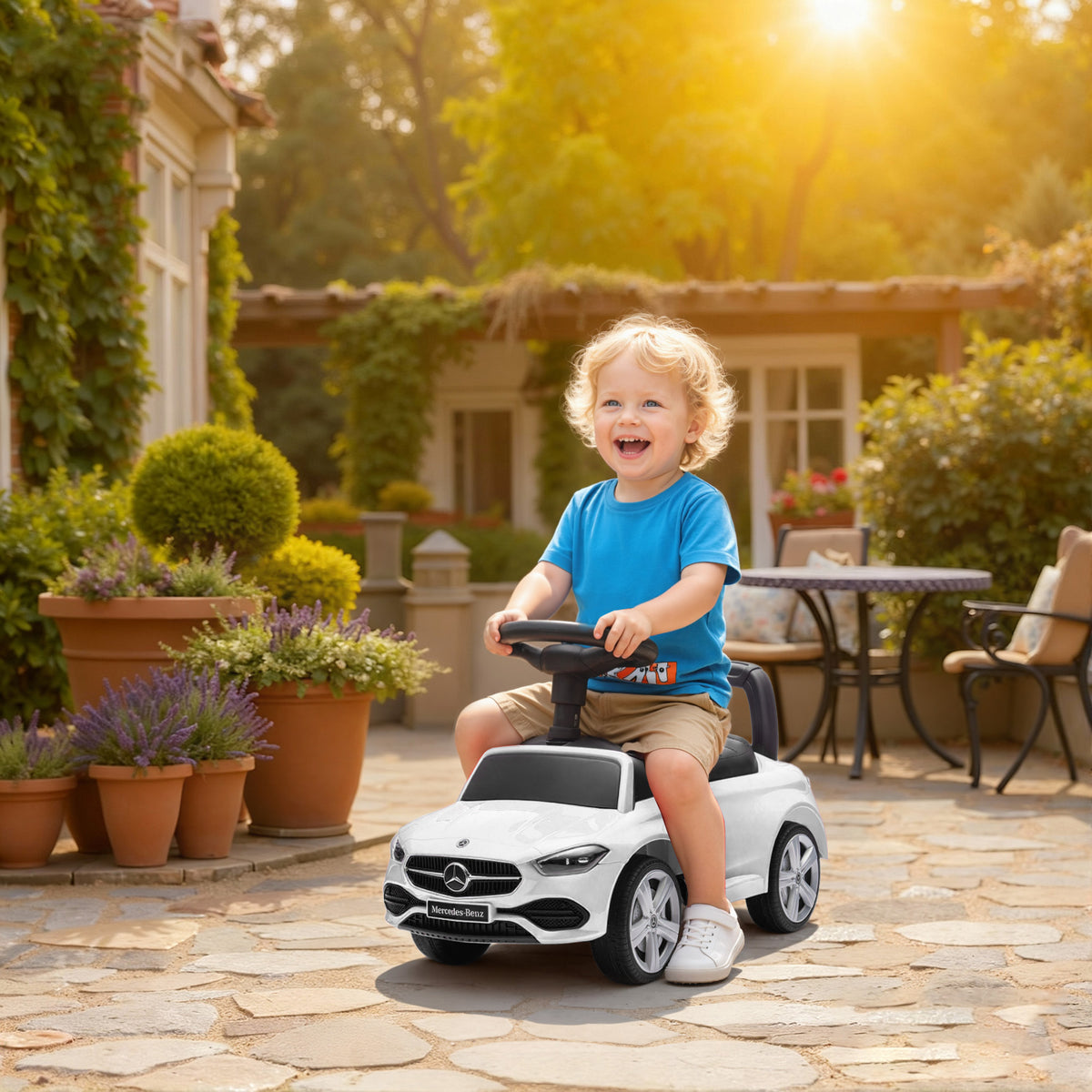 Porteur Enfants Mercedes-Benz sous Licence, Porteur Voiture à Pousser avec Poignée Amovible, 91 x 40 x 83 cm, Blanc
