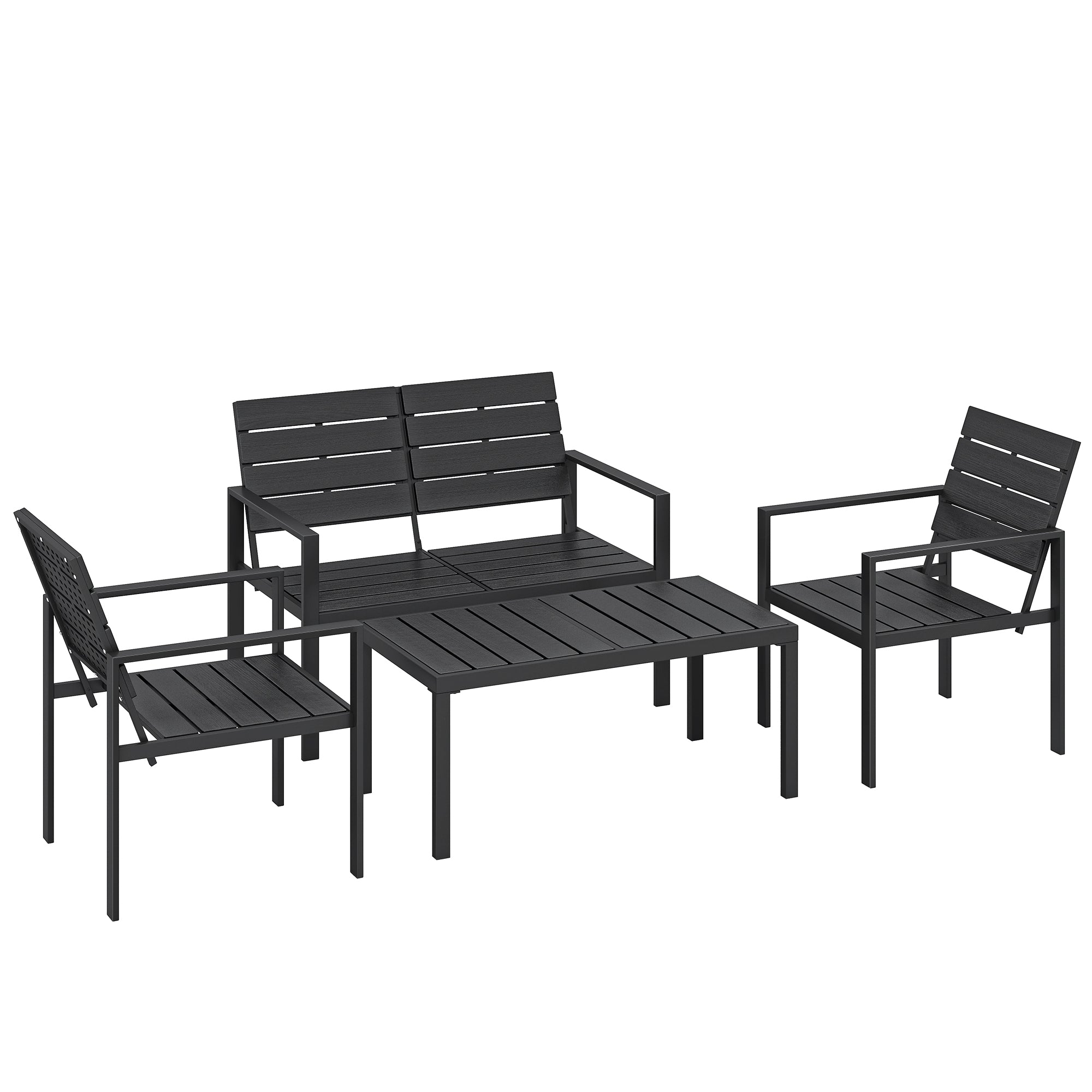 Salon de Jardin Extérieur 4 Pièces, Canapé 2 Places, 2 Chaises, Table Basse, Mobilier de Jardin en HDPE Effet Bois Noir