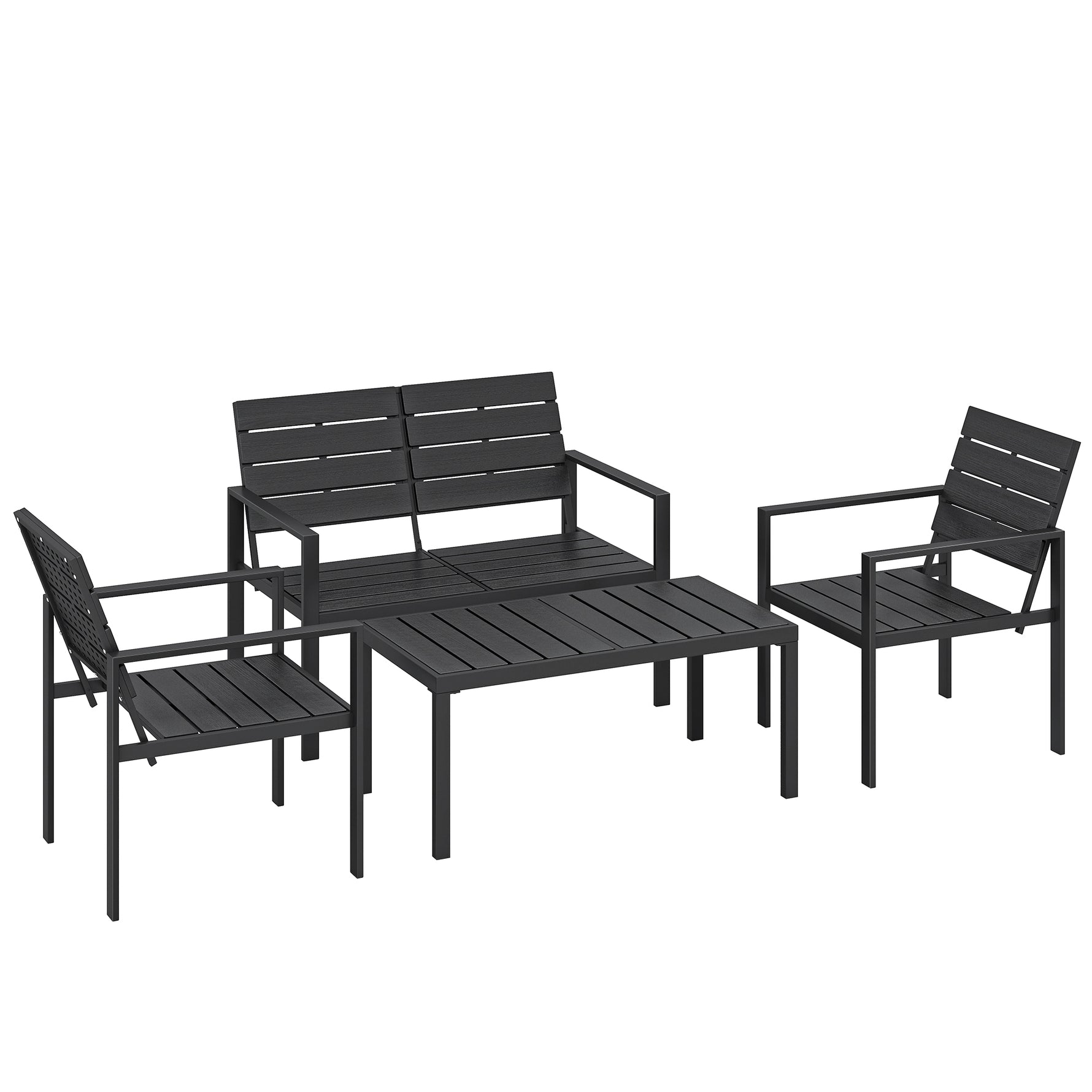Salon de Jardin Extérieur 4 Pièces, Canapé 2 Places, 2 Chaises, Table Basse, Mobilier de Jardin en HDPE Effet Bois Noir
