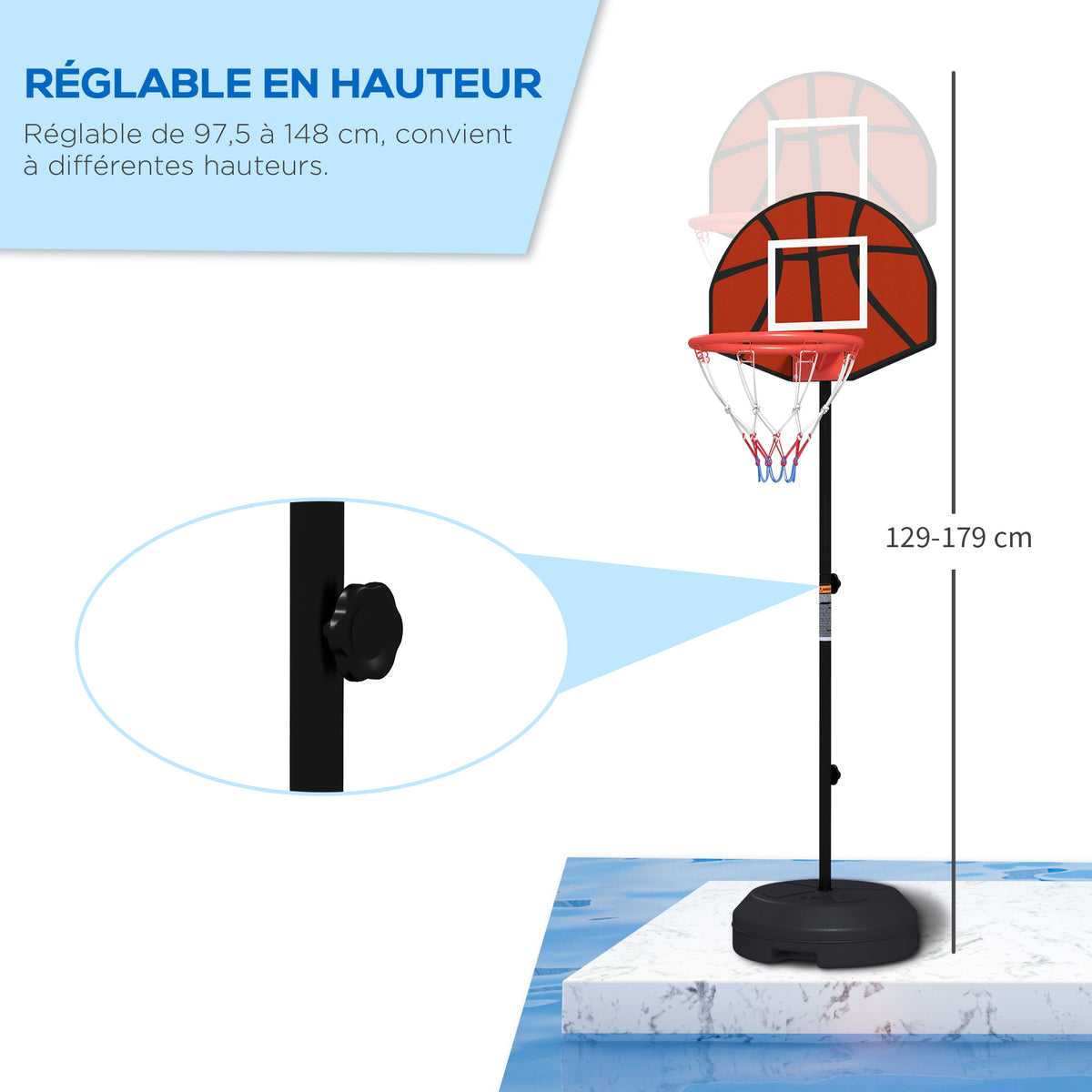 Support panier de basket-ball 2 en 1 avec hauteur réglable 129-179 cm et jeu de 6 fléchettes magnétique