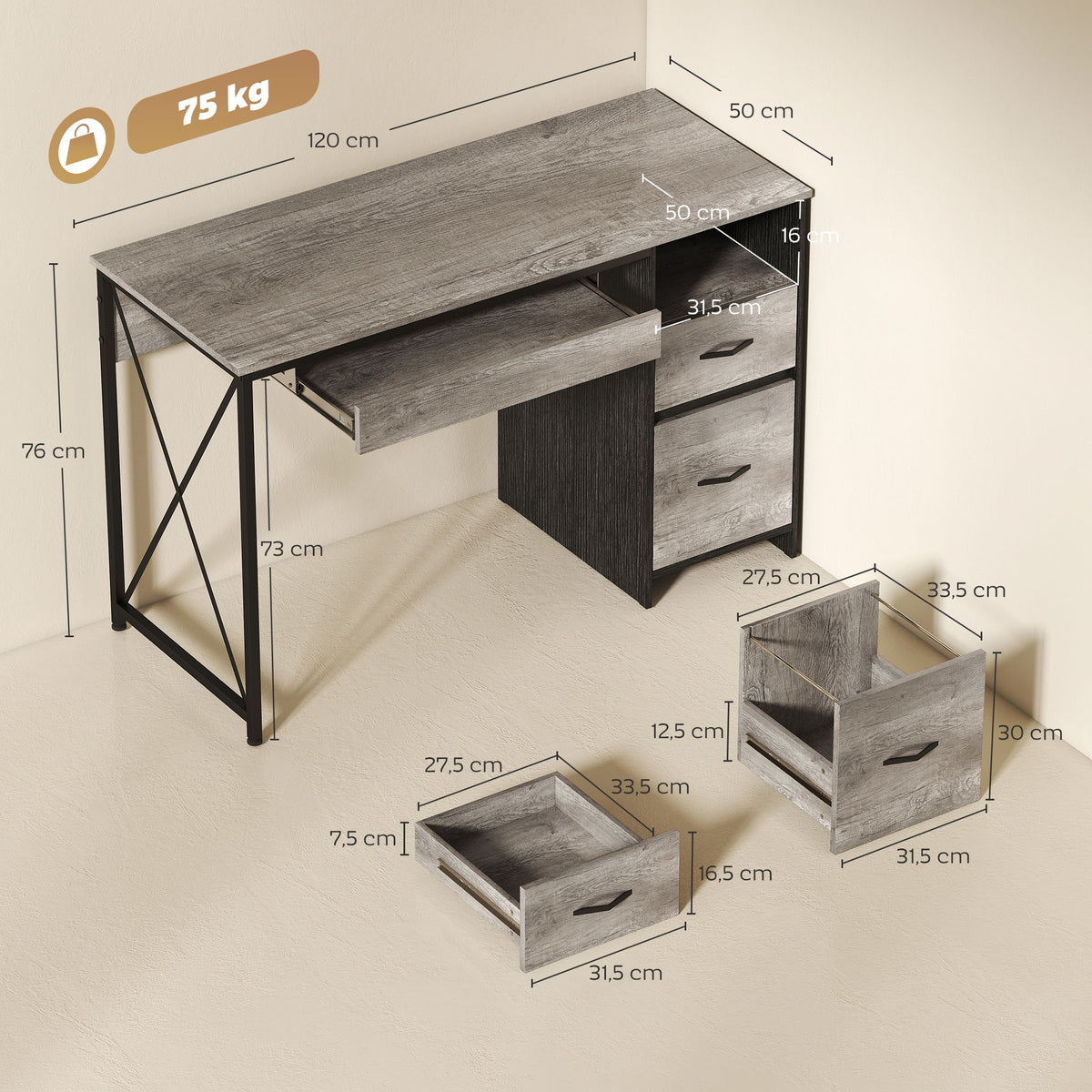 Bureau d'ordinateur, 120×50cm, bureau avec rangement, plateau clavier, compartiment ouvert et 2 tiroirs, gris