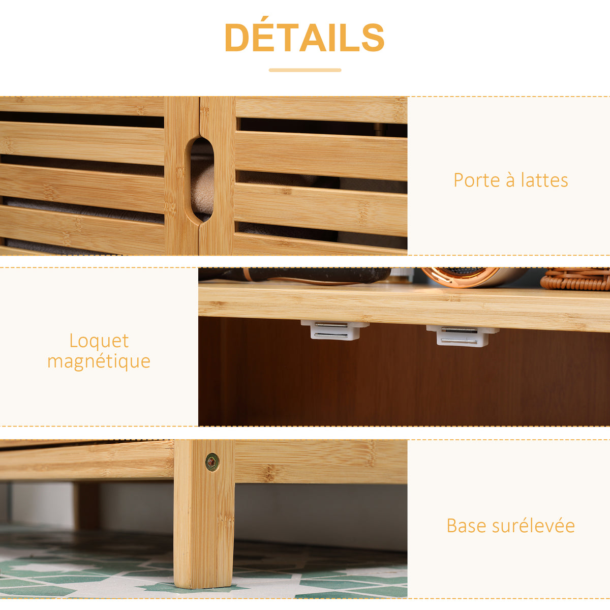 Meuble salle de bain en bambou, armoire salle de bain sur pied, 2 étagères ouvertes et double porte à lattes, naturel