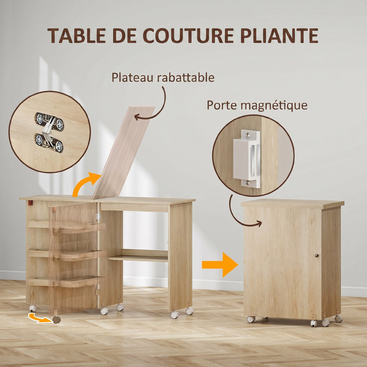Table de couture pliante meuble couture à abattant avec bacs de rangement, étagère ouverte et roulettes, bois naturel