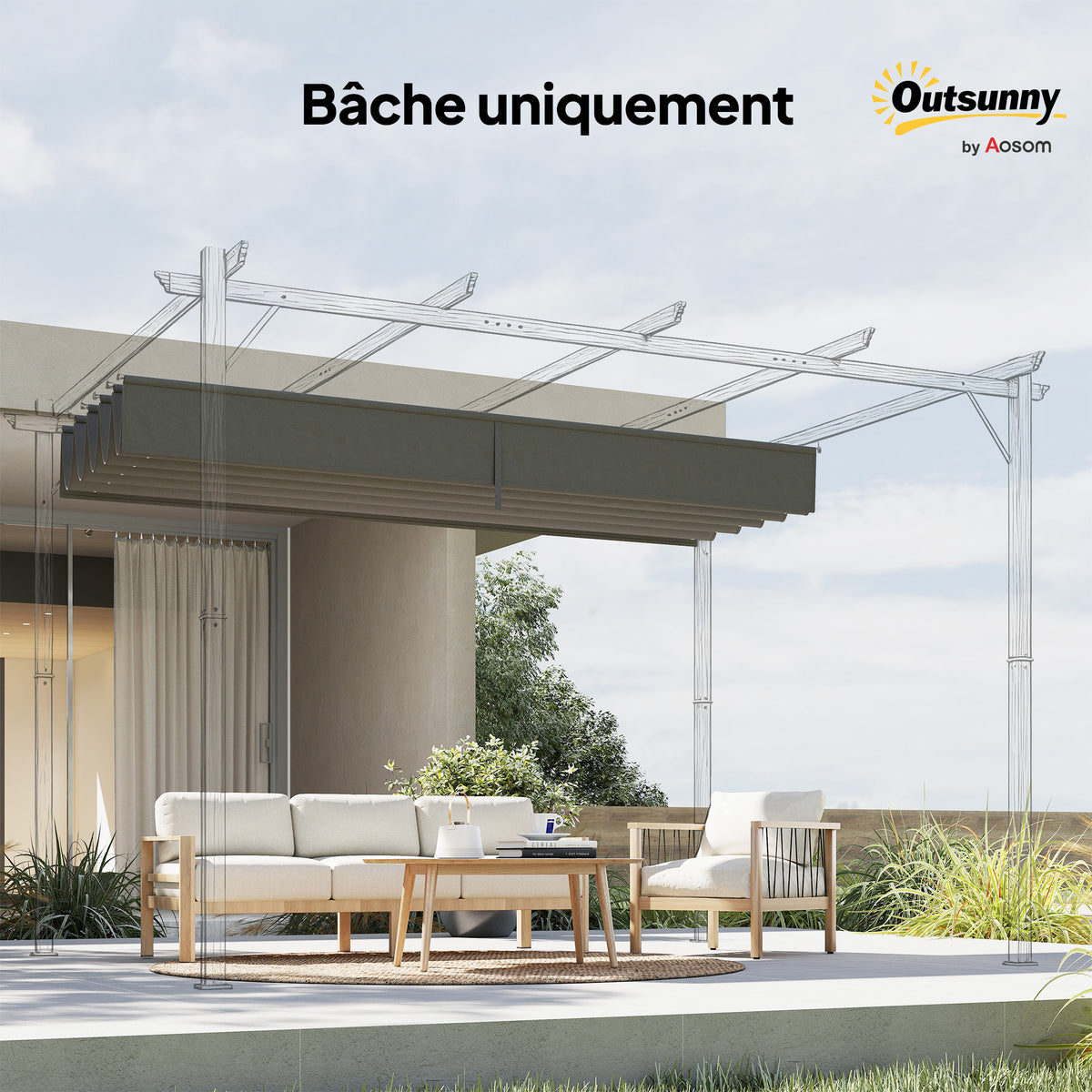 Toile de toit pour pergola tonnelle rétractable de 3 x 3 m - toile uniquement 250 x 255 cm gris clair