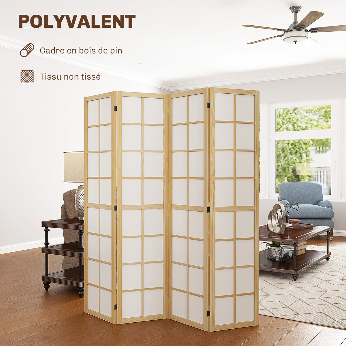 Paravent interieur pliable 4 panneaux 160 x 170 cm séparateur de pièce pour salon chambre à coucher maison, naturel