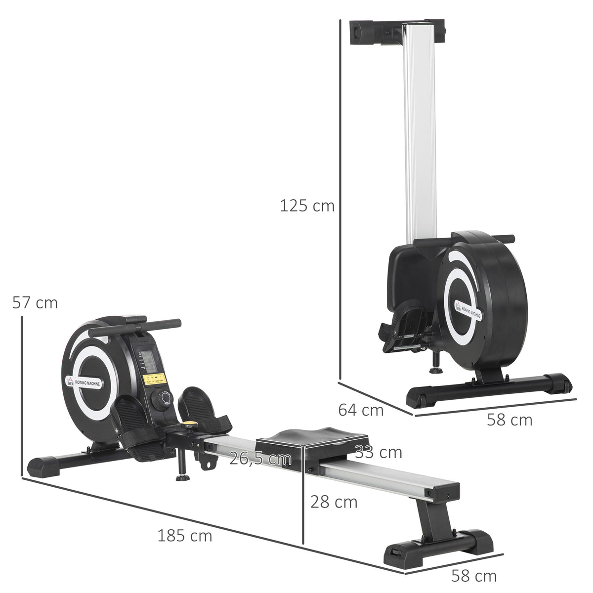 Rameur d'appartement Pliable freinage magnétique - Silencieux - 8 Niveaux de résistance magnétique - Glissière en Aluminium - écran LCD Multifonction - Acier alu. ABS Noir Argent