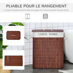 Panier à linge 100L avec 2 bacs bambou pliable couvercle poignée avec Sac amovible et lavable marron