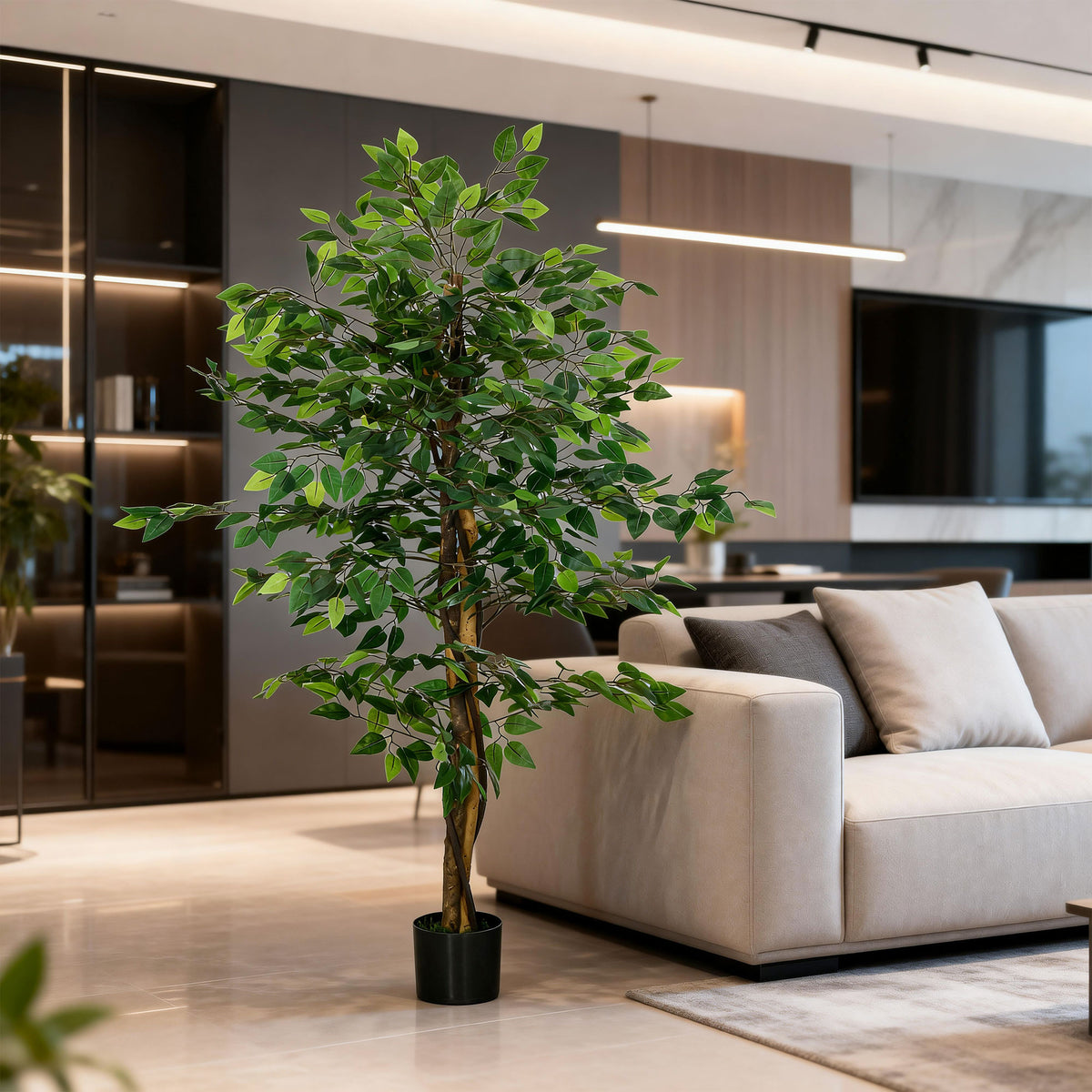 Plante artificielle ficus hauteur 1,50 m tronc branches liane lichen feuilles grand réalisme pot inclus vert