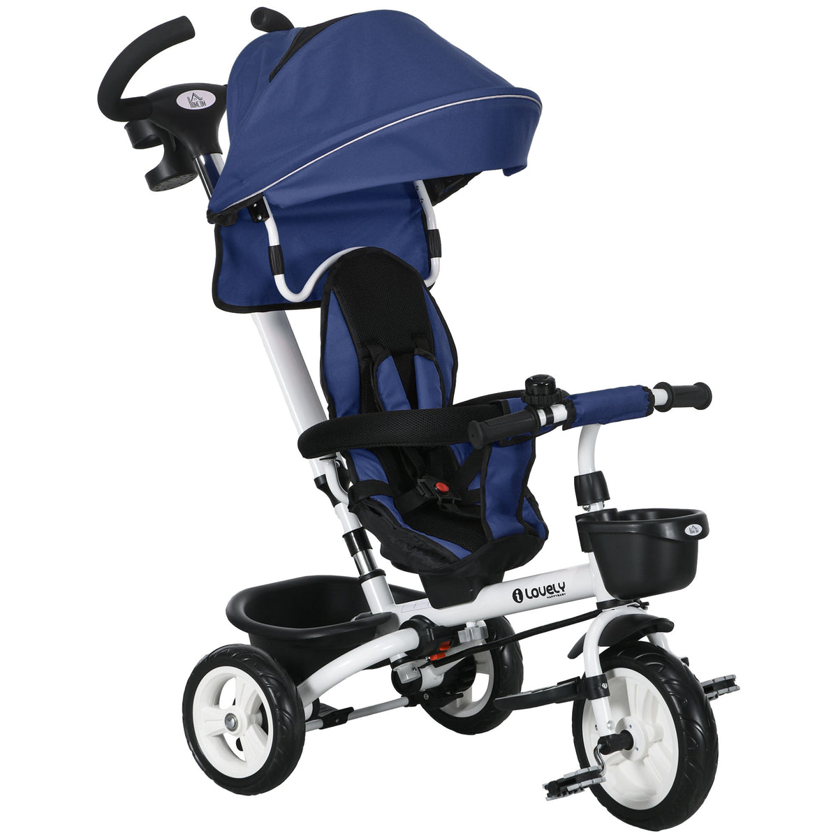 6-in-1-Dreirad für Kinder, Schiebegriff, wendbarer Sitz, Korb, Sonnendach, Sicherheitsgurt, 1-5 Jahre, Blau