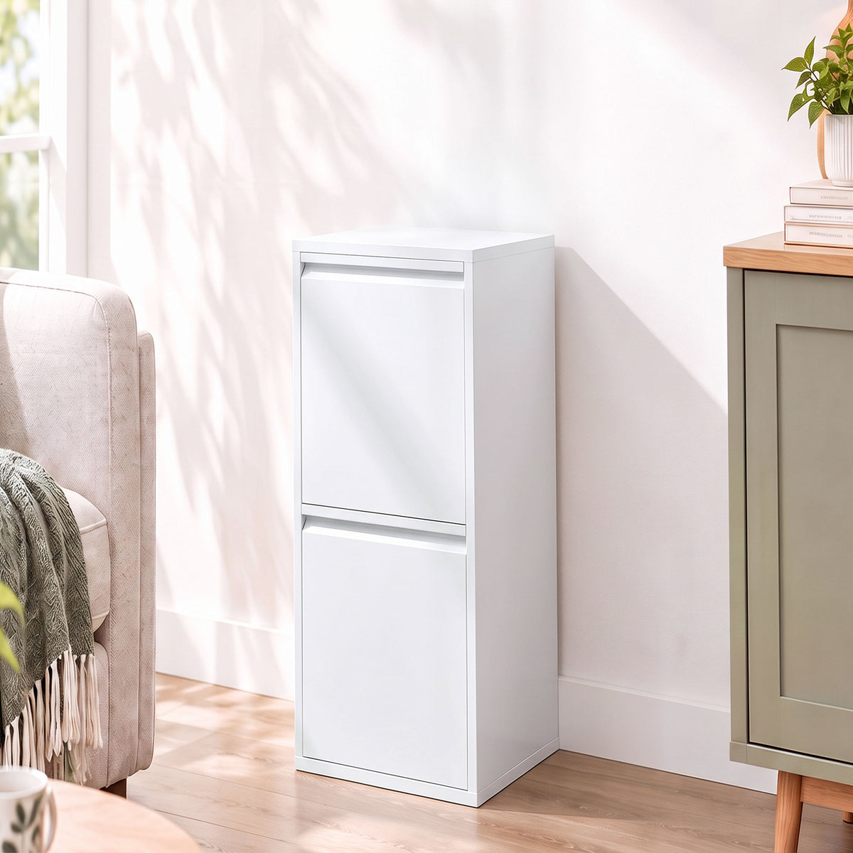 Mueble para Basura de Clasificación Selectiva, Papelera de Reciclaje de 30 L (2 x 15 L) con 2 Compartimentos, Cierre Suave, Blanco