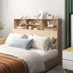 Tête de lit sur pied avec rangements, accessoire de lit 4 compartiments ouverts, 140 x 19 x 103,5 cm, effet bois naturel