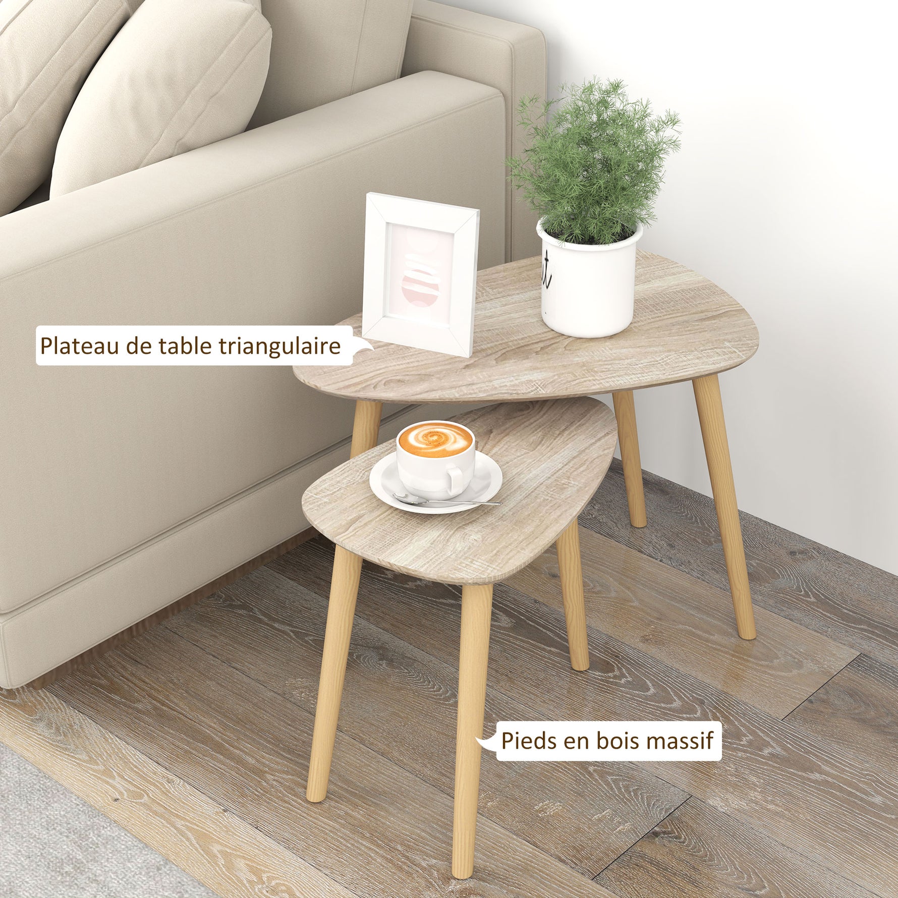 Lot de 2 tables basses gigognes design scandinave pieds en bois et plateau en bois, aspect naturel