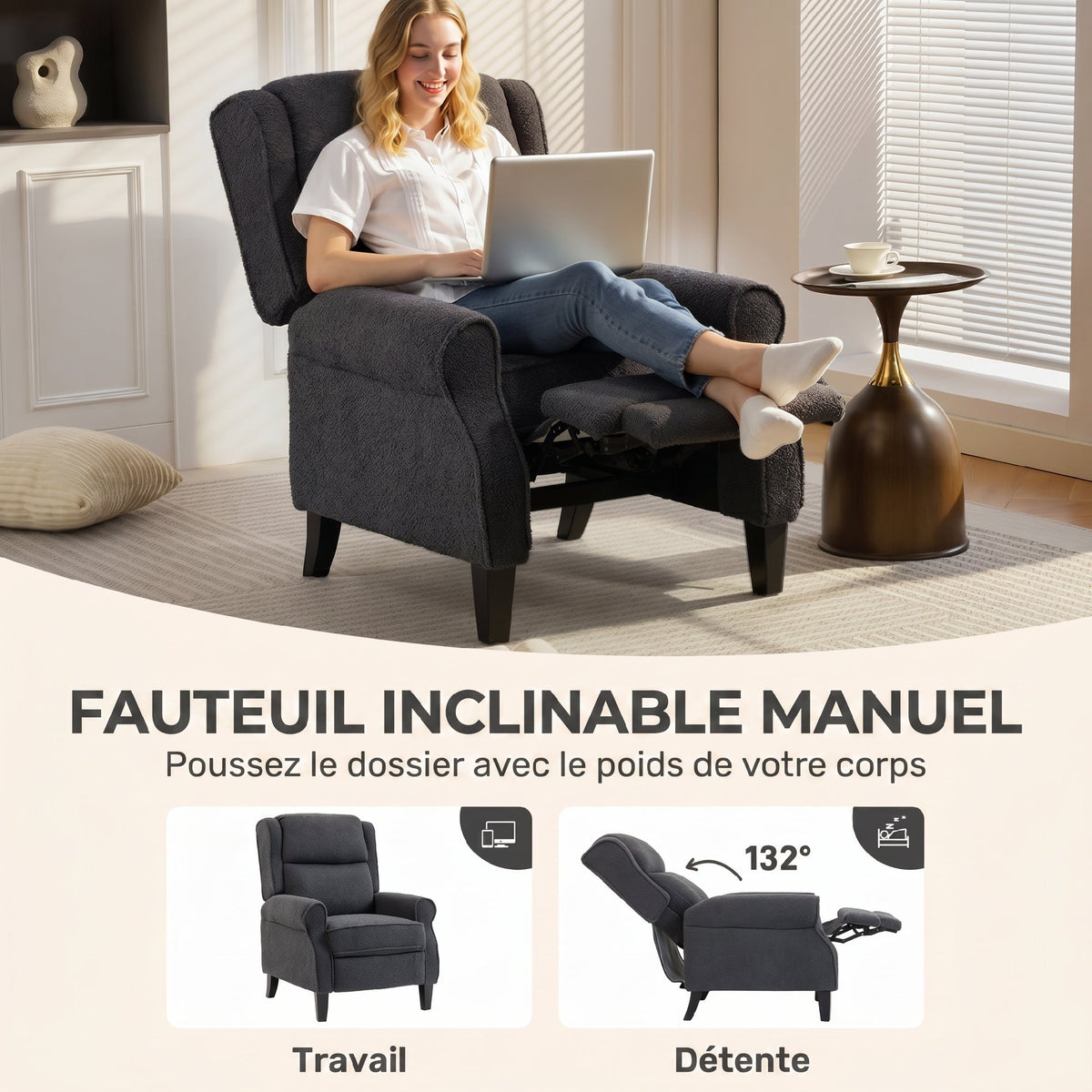 Fauteuil relax inclinable en polaire Teddy, fauteuil de relaxation avec repose-pieds extensible, assise rembourrée, gris