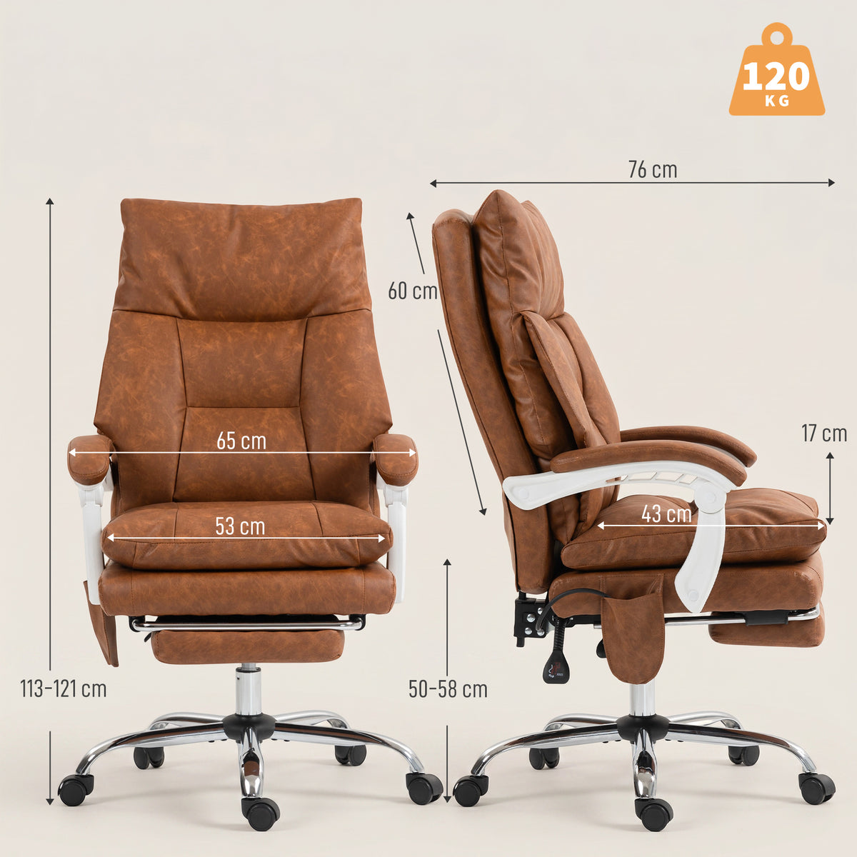 Chaise bureau ergonomique fauteuil de bureau en PU soutien lombaire gonflable dossier inclinable hauteur réglable marron