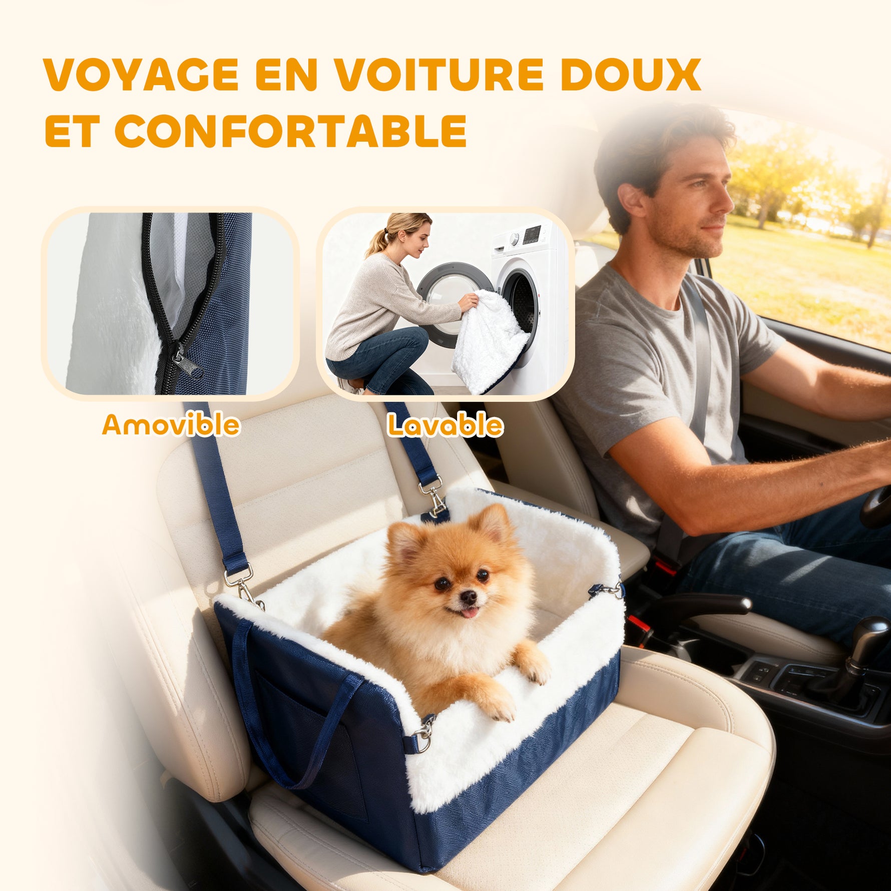 Siège auto pour chien avec ceinture de sécurité et fixation, siège de voiture pour chiens 55 x 46 x 32 cm bleu marine