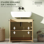 Meuble sous lavabo, meuble de salle de bain 2 portes à fermeture amortie, étagère réglable, 60x39,8x58,5cm, bois naturel