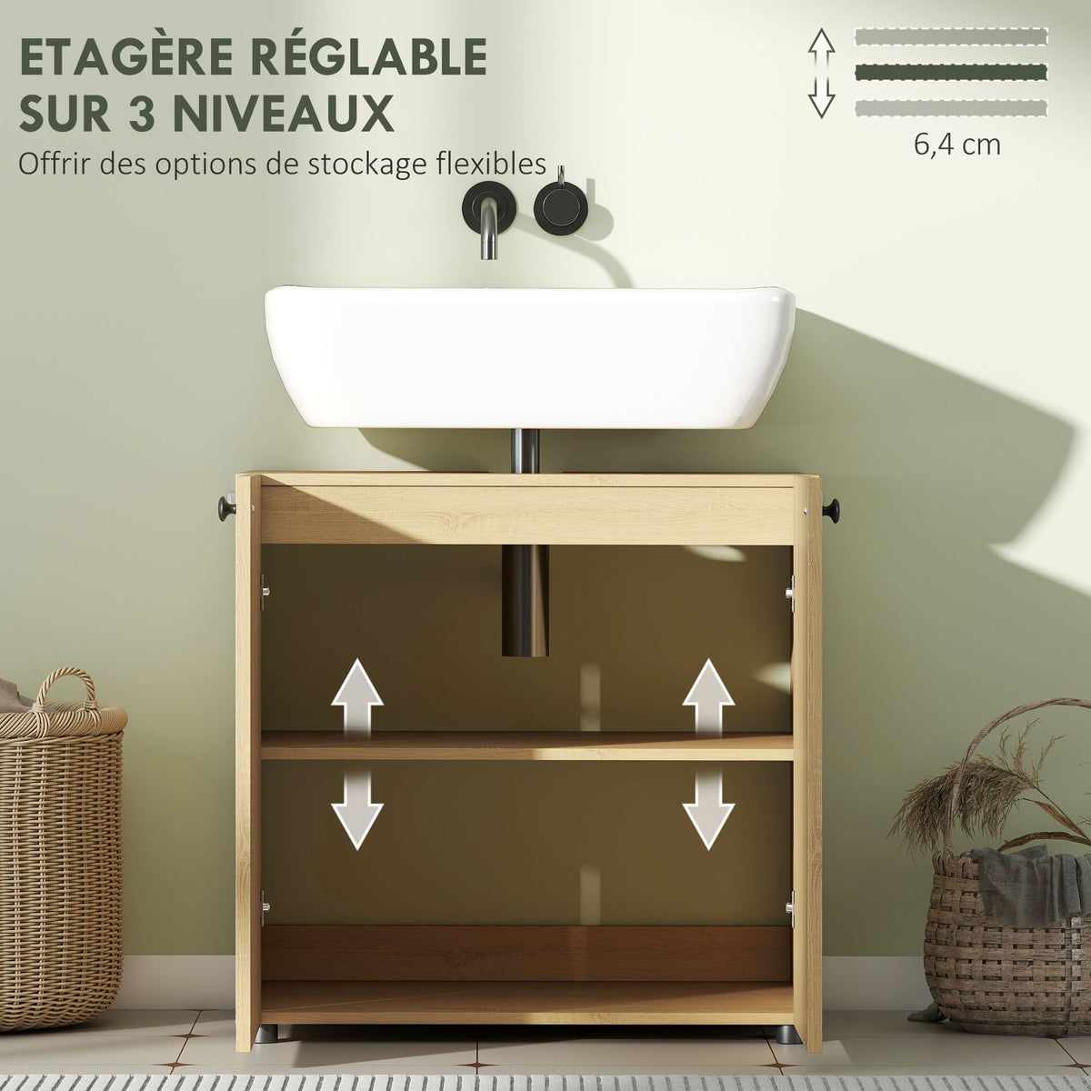 Meuble sous lavabo, meuble de salle de bain 2 portes à fermeture amortie, étagère réglable, 60x39,8x58,5cm, bois naturel