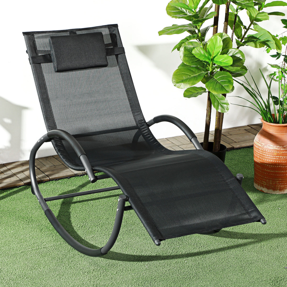 Chaise longue à bascule avec tétière utilisation extérieure intérieure noir