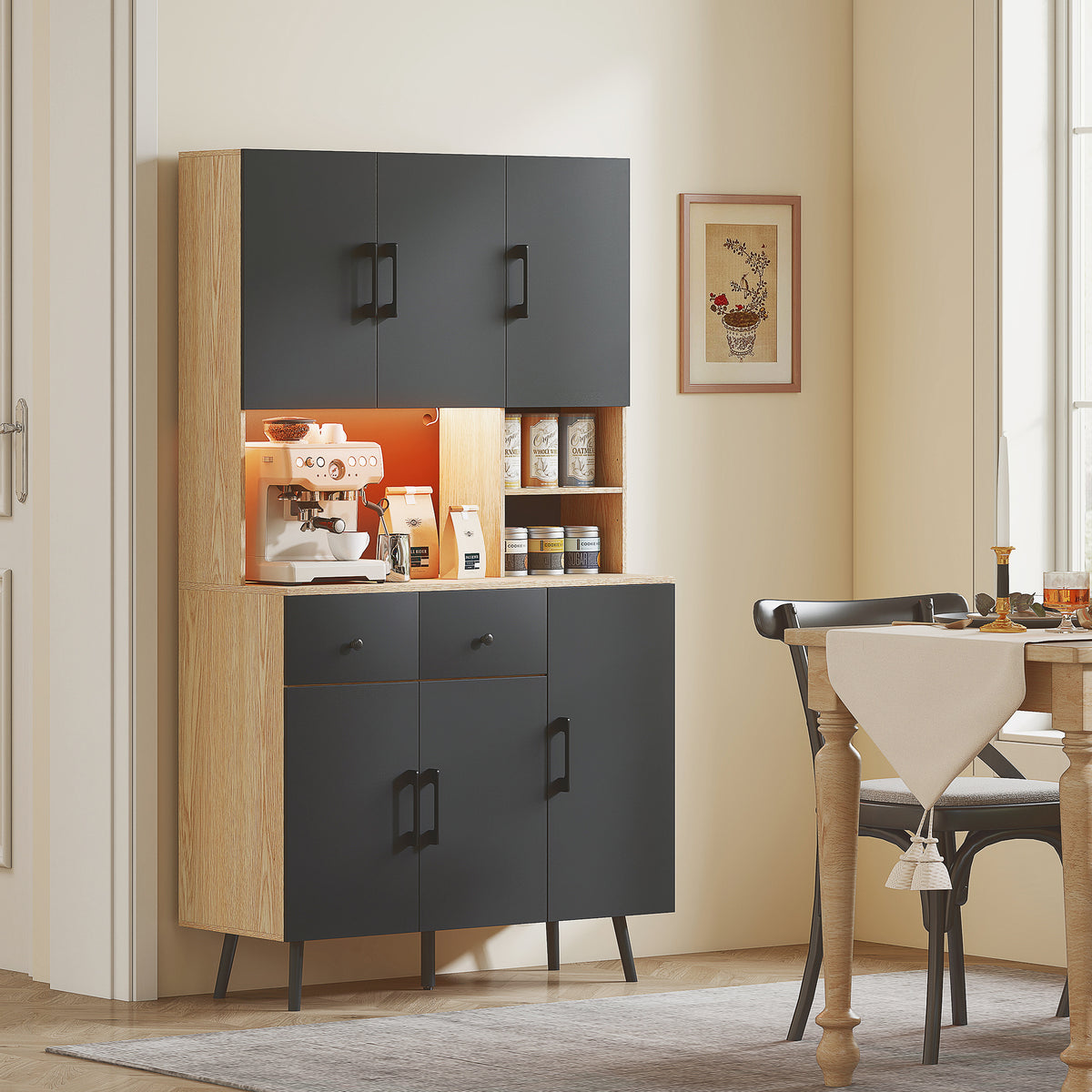 Credenza da cucina mobile dispensa alto con luce LED RGB piano di lavoro 6 ante 2 cassetti 100x40x176cm nero