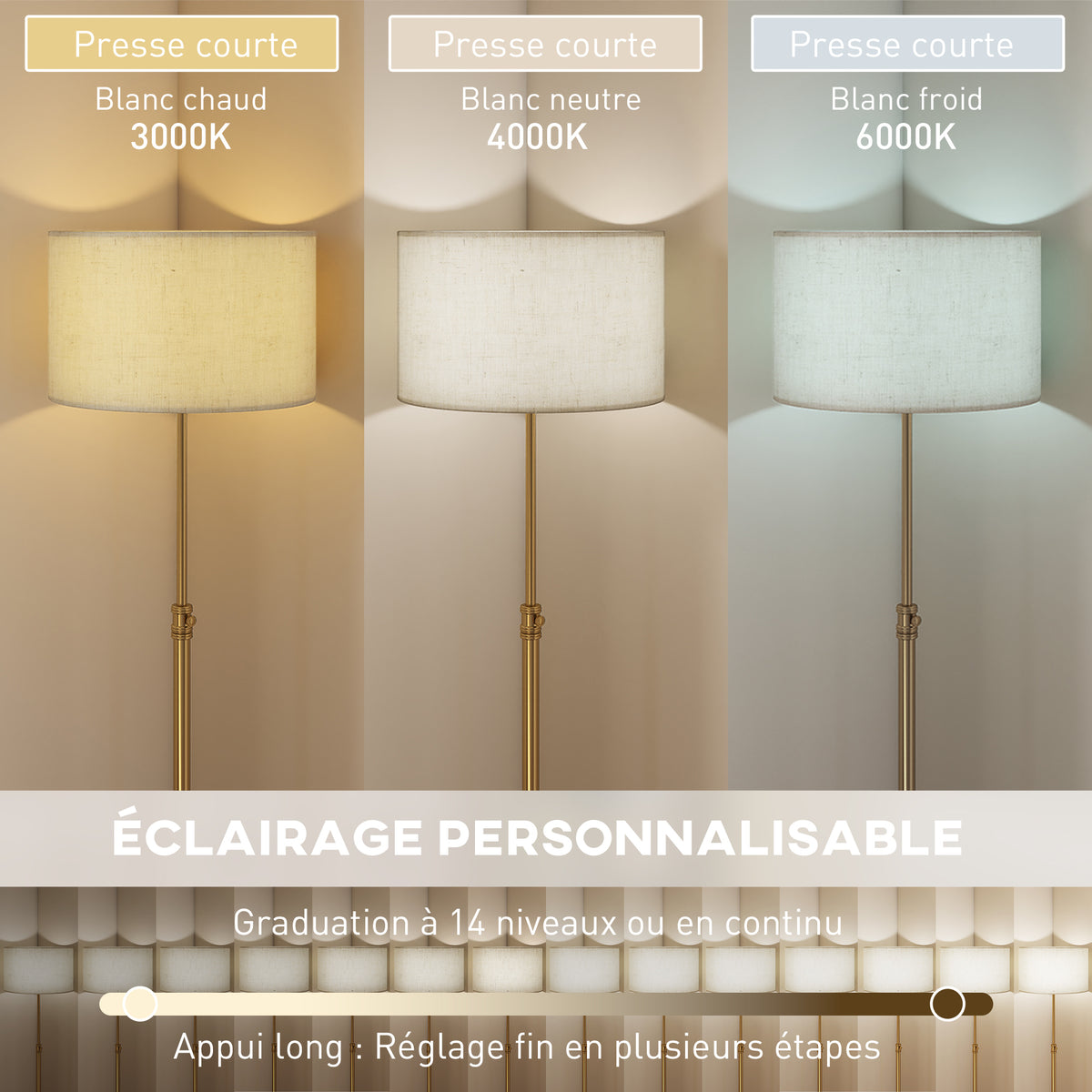 Lampadaire sur pied salon, lampe sur pied dimmable avec télécommande, abat-jour en lin, hauteur réglable 133-168cm, doré