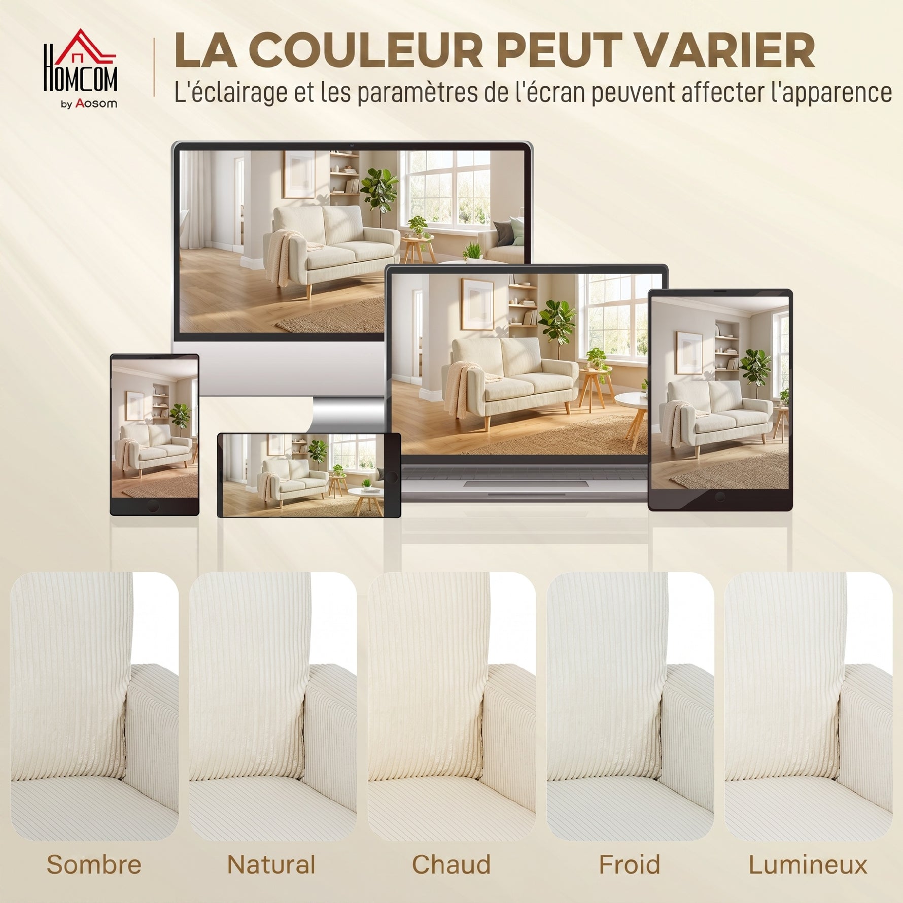 Canapé 2 places en velours côtelé, canapé de salon moderne 134 cm, assise rembourrée, coussin à ressorts, crème