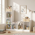 Bibliothèque Enfant, Meuble Rangement Enfant 3 en 1 avec Banc, 6 Compartiments, 2 Étagères, Coussin d'Assise, Blanc