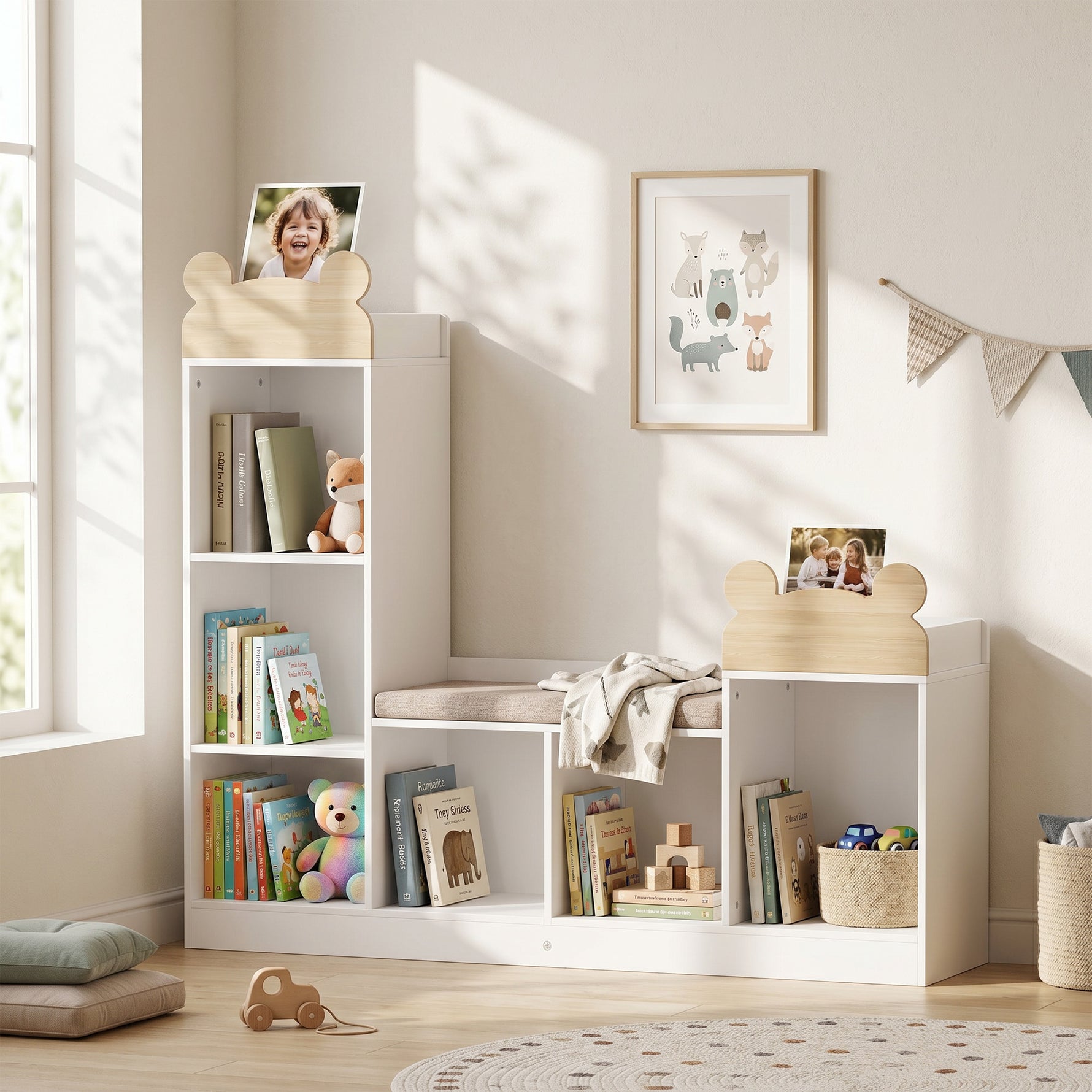 Bibliothèque Enfant, Meuble Rangement Enfant 3 en 1 avec Banc, 6 Compartiments, 2 Étagères, Coussin d'Assise, Blanc