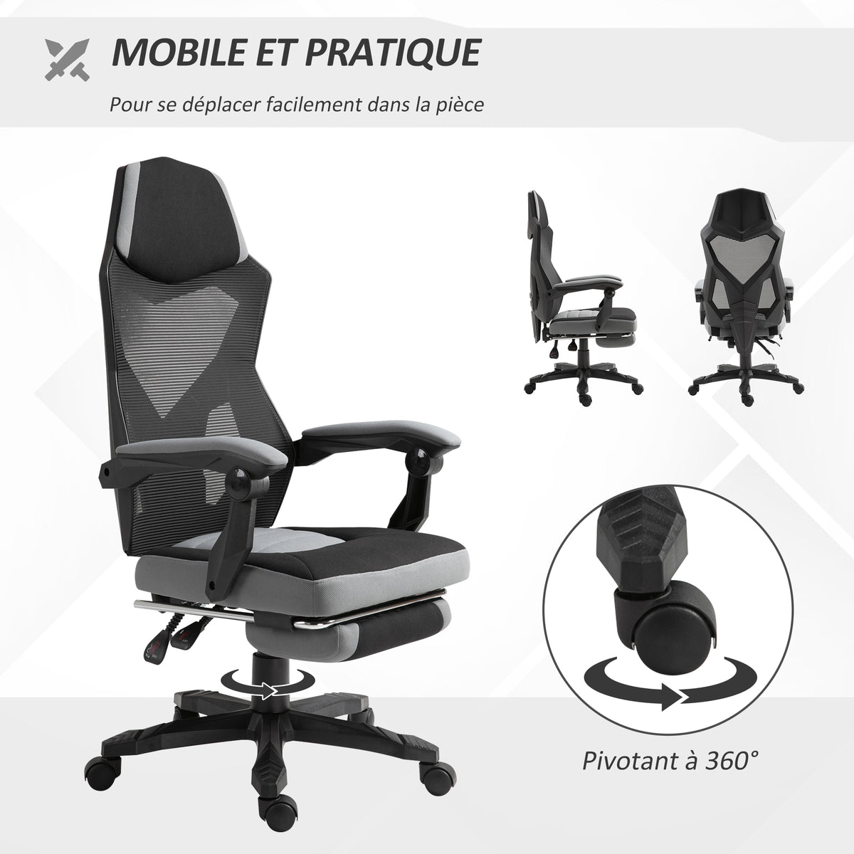 Chaise de bureau fauteuil gaming hauteur réglable dossier roulettes pivotantes repose-pied tissu en maille 58L x 63l x 112-122H cm gris noir