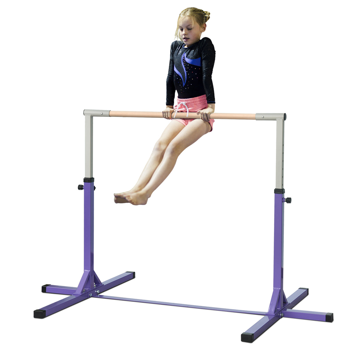 Turnreck für Kinder, höhenverstellbar in 13 Stufen von 92–150 cm, aus Stahl und Buchenholz, Trainings-Turnreck für Zuhause, rutschfest, einfach zu montieren, Violett