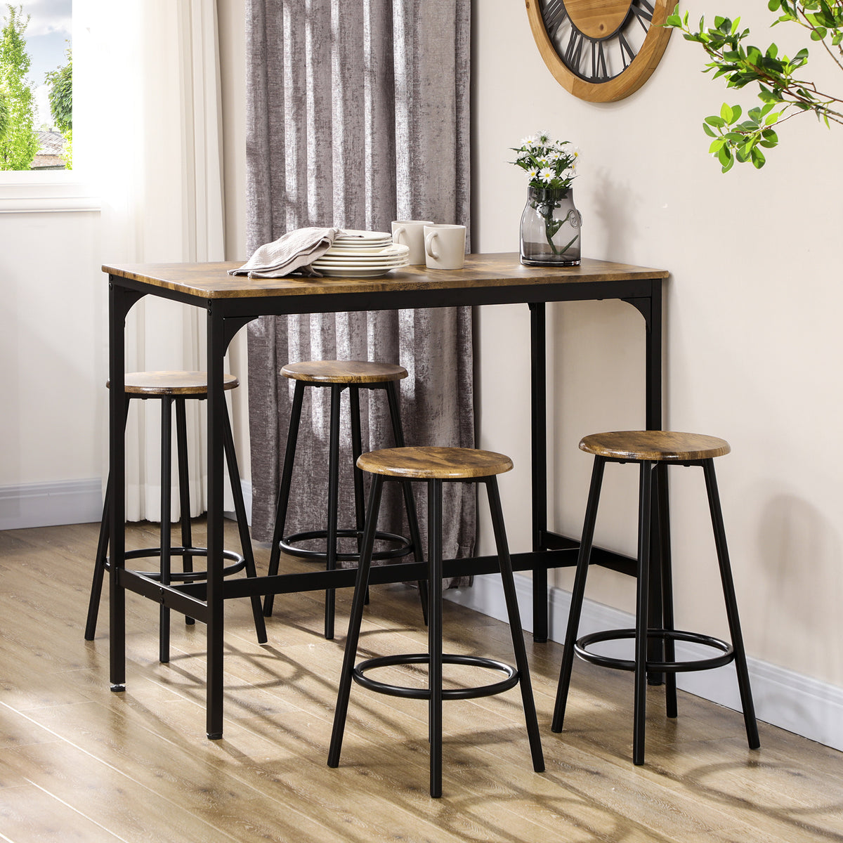 Ensemble table haute et 4 tabourets avec Repose-Pieds, métal noir et aspect bois pour cuisine salle à manger