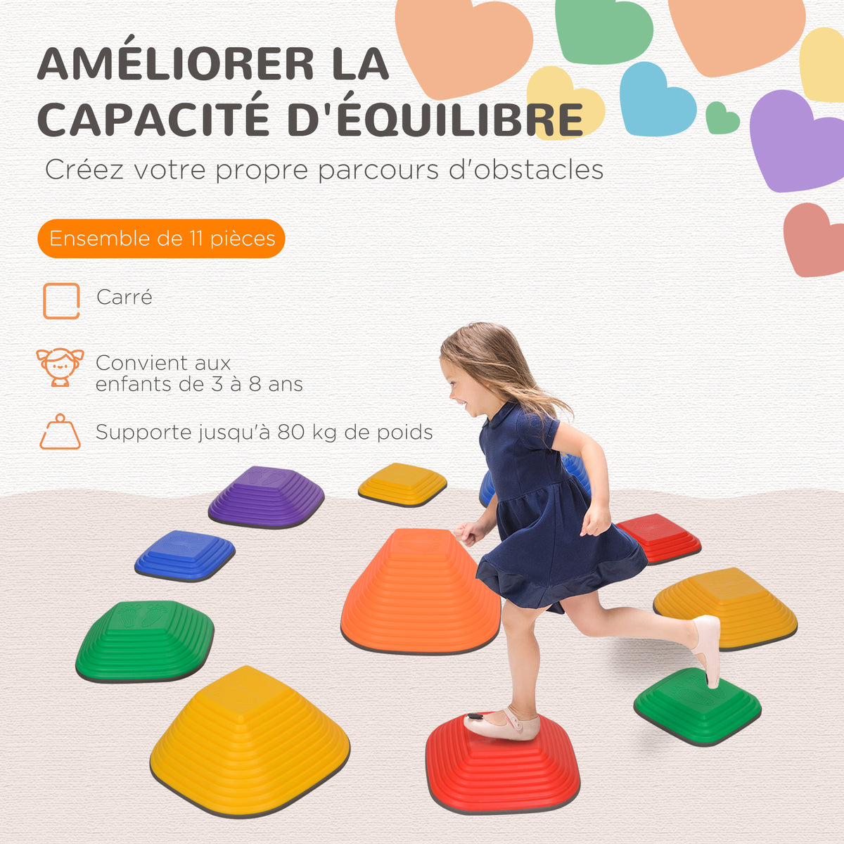 11 pièces pierres d'équilibre pour enfants parcours de motricité empilables et antidérapantes multicolore